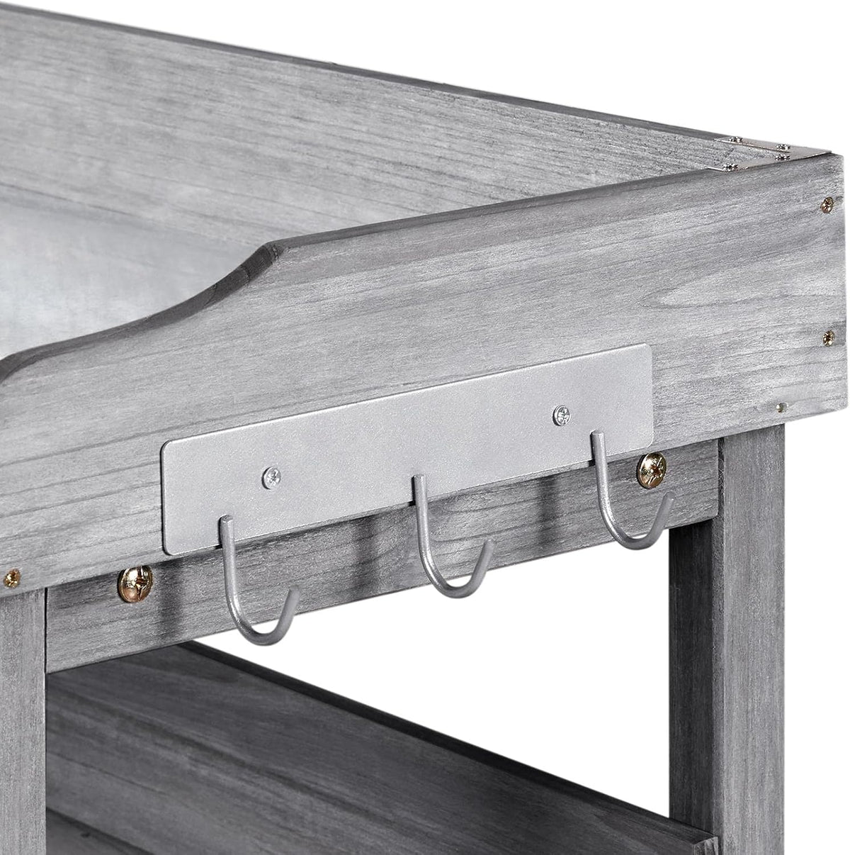 Topeakmart Potting Bench Table w/Metal Tabletop for Garden, Fir Wood Workstation w/3 Tier Shelves, Outdoor Work Bench w/Hook Natural Wood