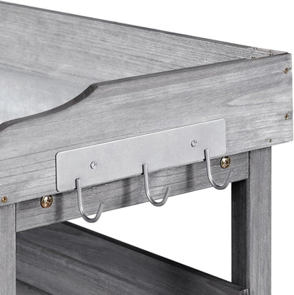 Topeakmart Potting Bench Table w/Metal Tabletop for Garden, Fir Wood Workstation w/3 Tier Shelves, Outdoor Work Bench w/Hook Natural Wood