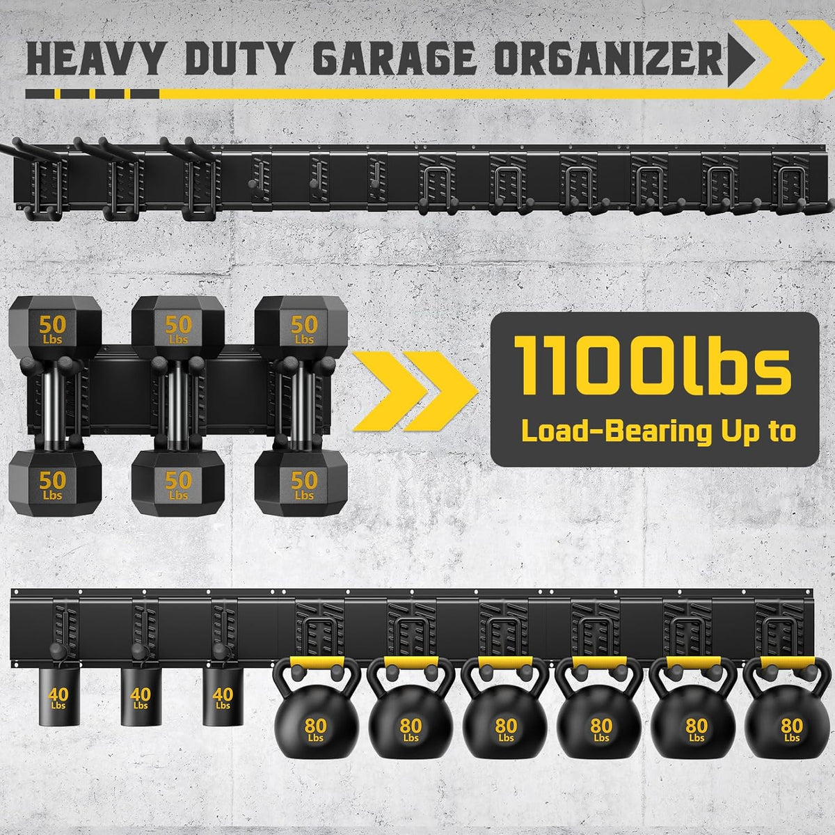 64" Garage Wall Tool Organizer, 900 Lbs Heavy Duty Steel Garden Tool Storage Rack & Garage Organization for Yard, Shed, Garage - 12 Longer & Thicker Hooks + 2 Straps