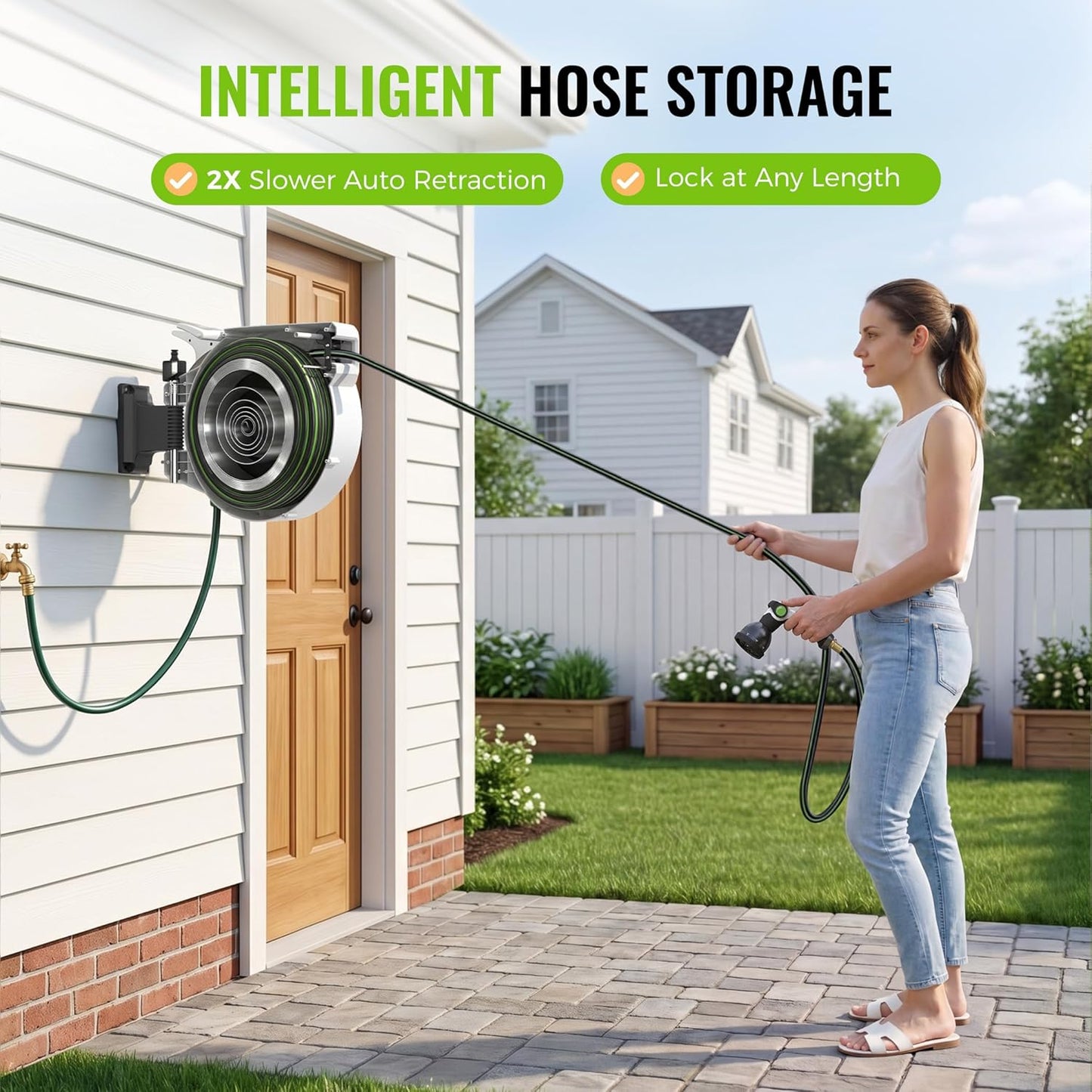 Retractable Garden Hose Reel 1/2 in x 100 ft, Heavy Duty Water Hose Reel with 10 Patterns Nozzle, Any Length Lock & Slow Rewind System, 180 Swivel Bracket Wall Mounted