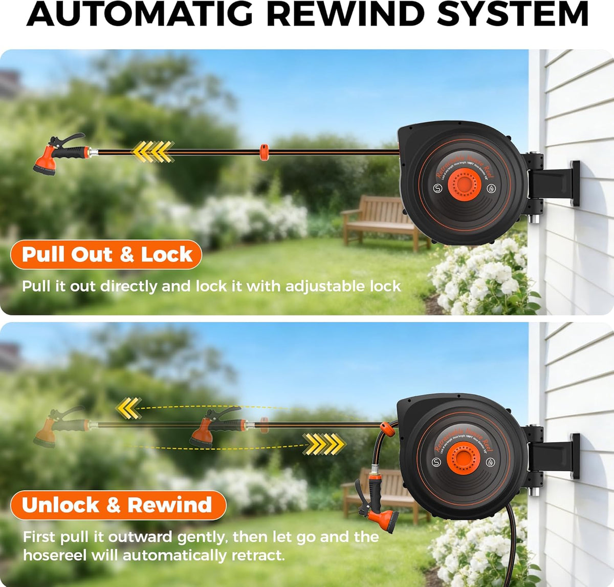 Retractable Garden Hose Reel 65 FT 1/2 IN for Outside, Upgraded 10 Spray Patterns, Heavy Duty Automatic Water Hose Reel with Any Length Lock, Wall Mount, Pro Guide System, 180° Swivel