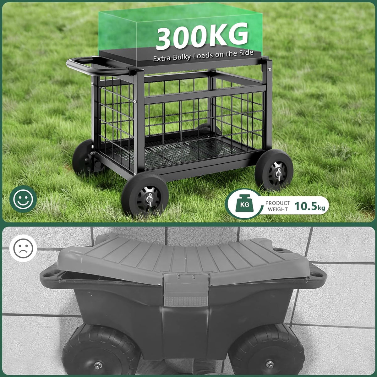 FLINTER Rolling Garden Work Seat with Wheels, Upgraded Heavy Duty Gardenning Cart with Seat - Garden Rolling Stools with Wheels for Seniors, Lawn, Patio & Backyard Gardening, Green