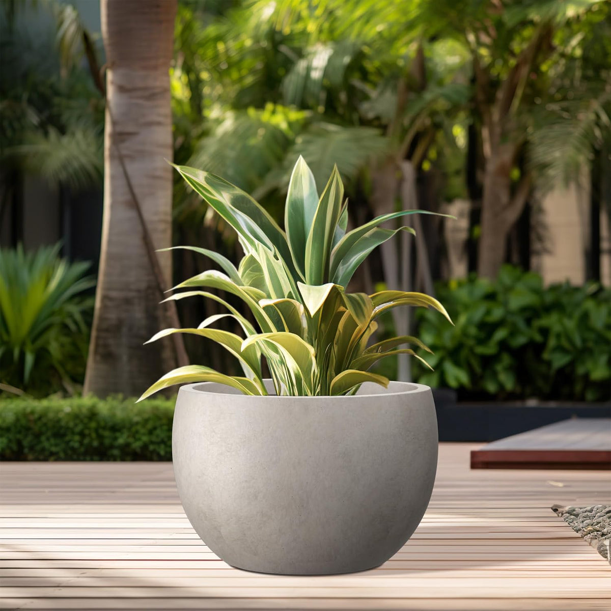 Large Round Bowl Vintage BRN Concrete Planter 19.9" Dia, Outdoor