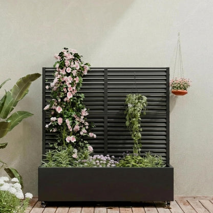Casaphoria Metal Raised Garden Bed with Trellis and Wheels, 72"x47"x16" Planter Box for Climbing Plants, Vegetables & Vines, Features Drainage Holes and Privacy Screen (Black-Louver) - Colors D