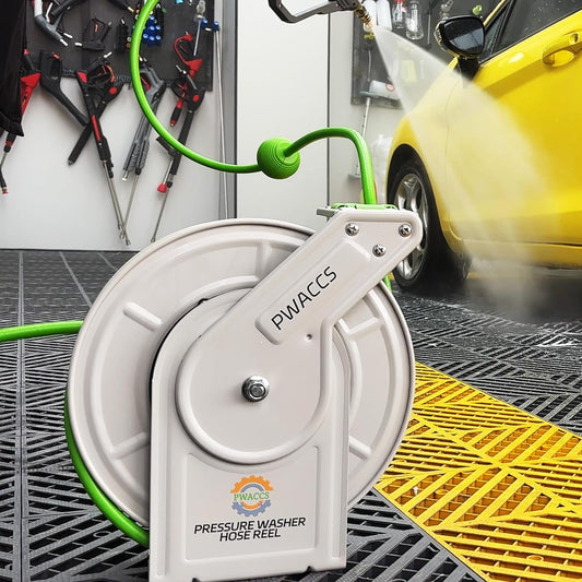 PWACCS Retractable Pressure Washer Hose Reel, Heavy Duty Power Washer Hose Reel 1/4" x 60ft, High Pressure Reel Auto Rewind, Wall/Floor Mounted, 3600 PSI