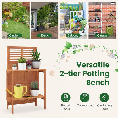 Giantex Folding Potting Bench, 2-Tier Gardening Workstation w/Storage Shelves, Wood Outdoor Potting Table for Garden, Yard, Balcony, Easy Assembly, Natural
