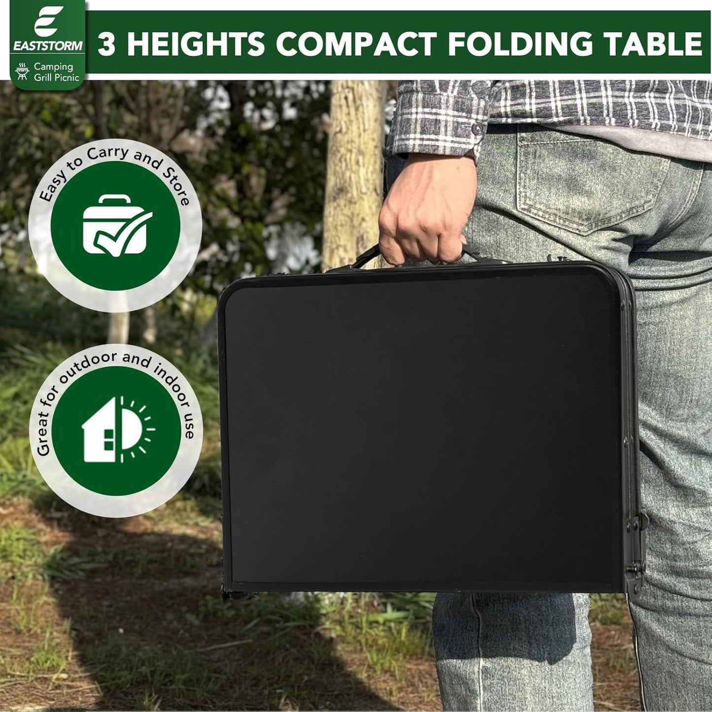 2Ft Small Folding Table with Carry Handle, Camping Table Adjustable Height 10.6–22 in, Black Metal Mesh, Portable & Compact for Outdoor/Indoor,Grill Table, 23.6×15.8 in, 4 lb, 66 lb Capacity