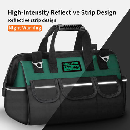 GrenPRO Garden Tool Bag Molded Bottom, Heavy Duty Tool Tote Toolbox with 10 Pockets, Reinforced & Top Snap Closure for Gardening Tools Storage, Dark Green(Tools Not Included)