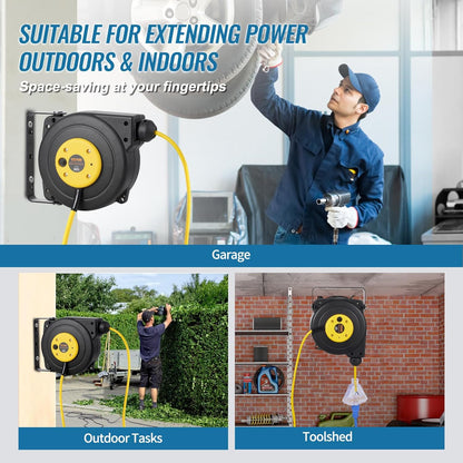 65FT Retractable Extension Cord Reel, Heavy Duty 12AWG/3C SJTOW Cord