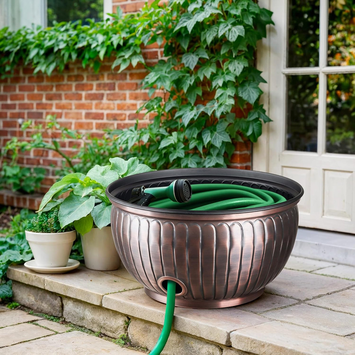 Monarch Abode Garden Hose Holder with Lid – Decorative Water Hose Holders for Outside, Arch Embossed Metal Patina Pot with Drainage, 100ft Waterhose Holder for Outside, Garden Storage Caddy