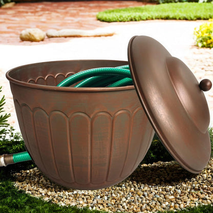 BSTGIFTS Garden Water Hose Holder - Decorative Metal Pot, Metal Hose Storage Pot, Garden Storage Organizer, Patio Portable Bucket - Antique Copper Accents, Holds up to 100ft Hoses (Embossed)