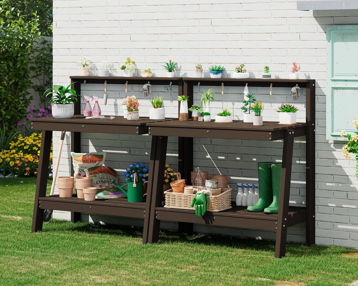 SERWALL Outdoor Potting Bench with Removeable Sink,Rot-Resistant HDPE Potting Table for Outside Gardening, All Weather Use - Gray