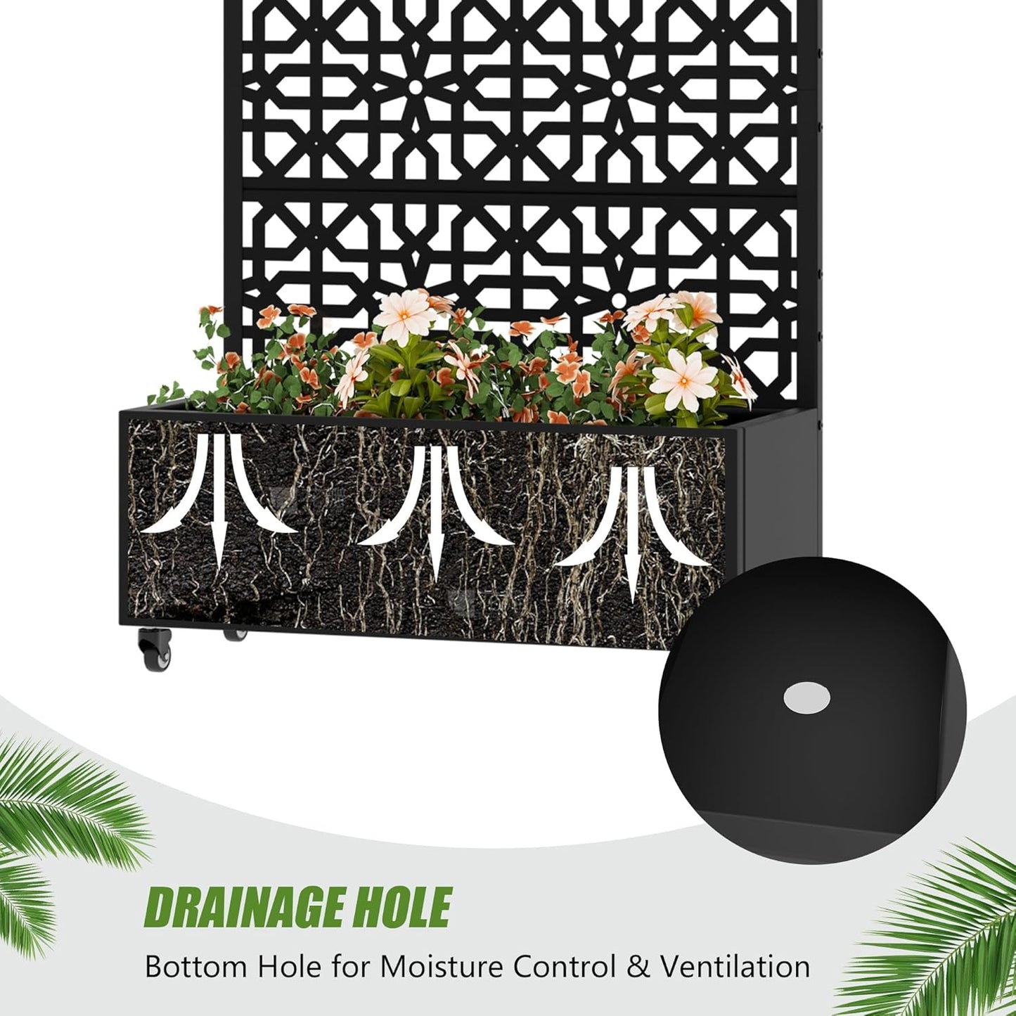 Casaphoria Metal Raised Garden Bed with Trellis and Wheels, 72"x47"x16" Planter Box for Climbing Plants, Vegetables & Vines, Features Drainage Holes and Privacy Screen (Black-Louver) - Colors B