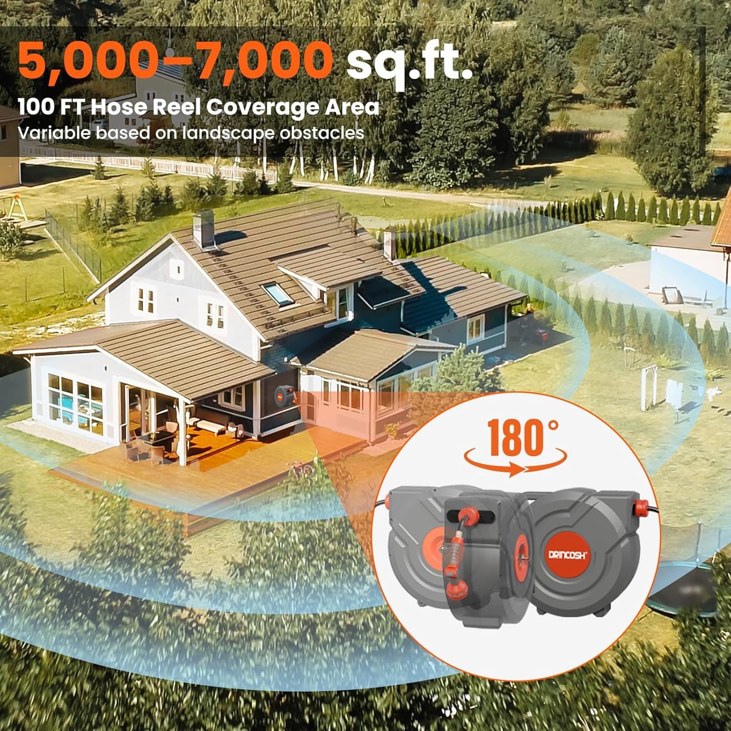 Retractable Garden Hose Reel 90 ft 5/8 inch Automatic Rewind with Any-Length Lock 9 Pattern Nozzle Sprayer 180° Swivel Wall-Mounted Hose Reel for Home Yards