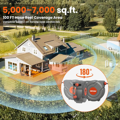Retractable Garden Hose Reel 90 ft 5/8 inch Automatic Rewind with Any-Length Lock 9 Pattern Nozzle Sprayer 180° Swivel Wall-Mounted Hose Reel for Home Yards