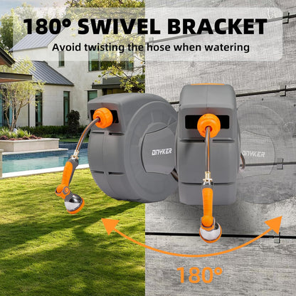 Retractable Garden Hose Reel, 1/2 inch x 100 ft Water Hose Reel Wall Mounted, Any Length Lock, Slow Auto-Rewind, 180°Swivel Bracket & 10 Pattern Nozzle