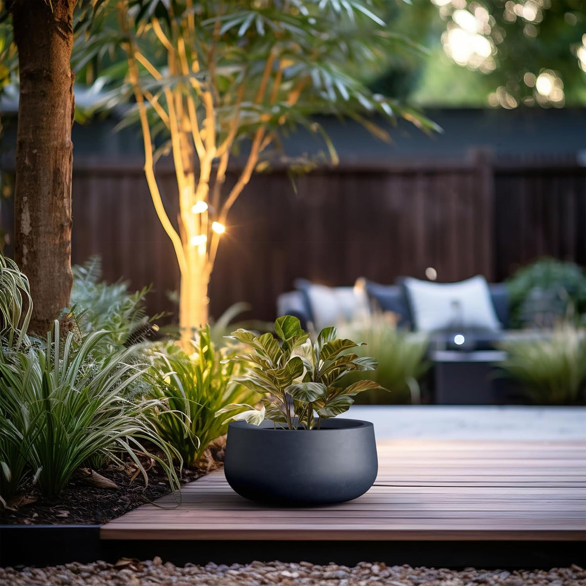 Kante 15.7" Dia Round Concrete Planter, Outdoor Indoor Garden Plant Pots with Drainage Hole and Rubber Plug, Modern Curvaceous Design, Slate Gray