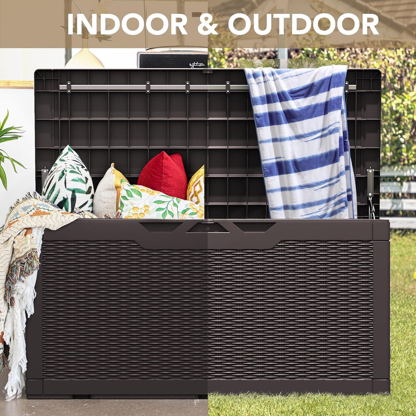Devoko 100 Gallon Waterproof Large Resin Deck Box Indoor Outdoor Lockable Storage Container for Patio Furniture Cushions Garden Tools (100 Gallon, Black)