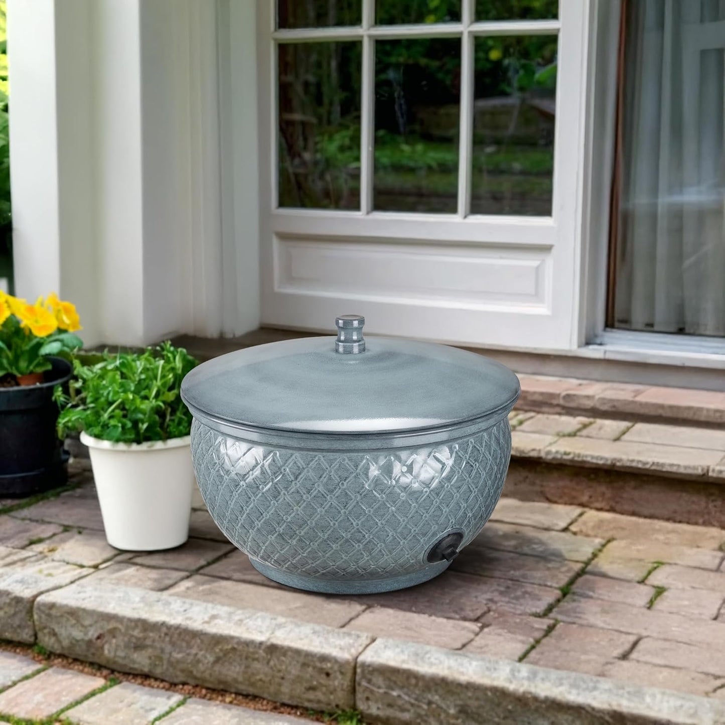 Monarch Abode Garden Hose Holder with Lid – Decorative Water Hose Holders for Outside, Diamond Embossed Metal Patina Pot with Drainage, 100ft Waterhose Holder for Outside, Garden Storage Caddy