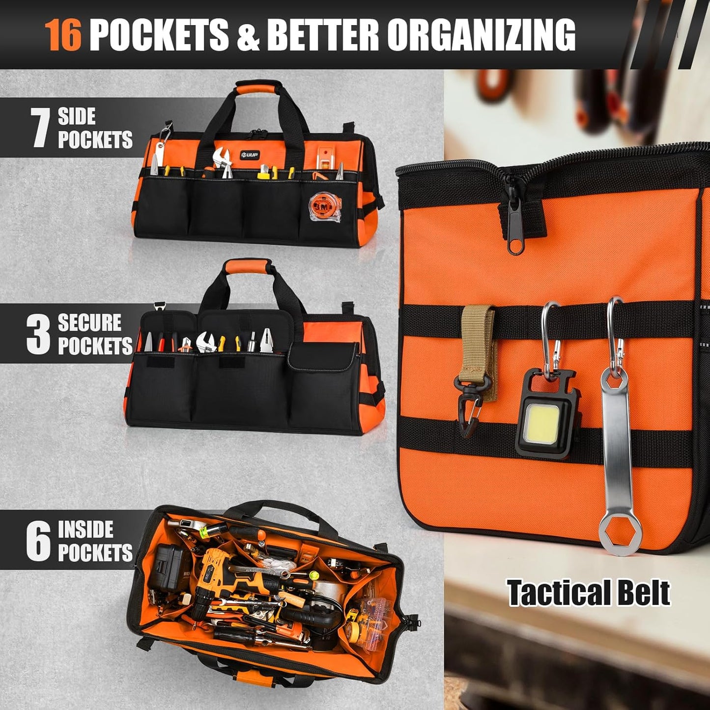 UUP Heavy Duty Tool Bag 15-Inch, 16-Pocket Portable Empty Tool Box Organizer, Big Storage Toolbox Organization, Soft Handle Large Zipper Carrying Toolbag, Father Day Gifts for Him Dad Men, Green
