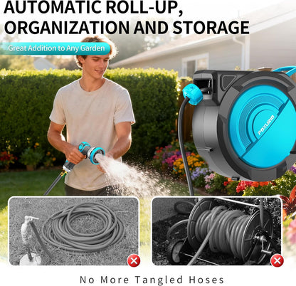 1/2" 150FT Retractable Garden Hose Reel, Wall Mounted Automatic Hose Reel with Upgraded 10 Pattern Nozzle/Any Length Lock/Slow Return System/180°Swivel Bracket, AquaBlue