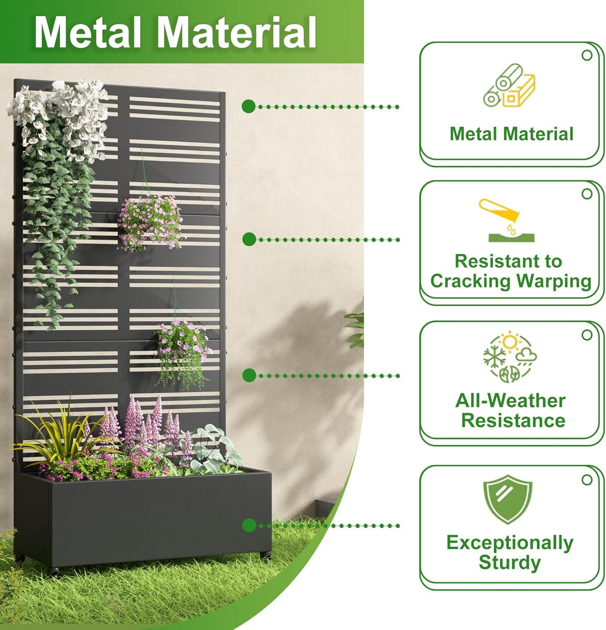Casaphoria Metal Raised Garden Bed with Trellis and Wheels, 72"x47"x16" Planter Box for Climbing Plants, Vegetables & Vines, Features Drainage Holes and Privacy Screen (Black-Louver) - Colors D