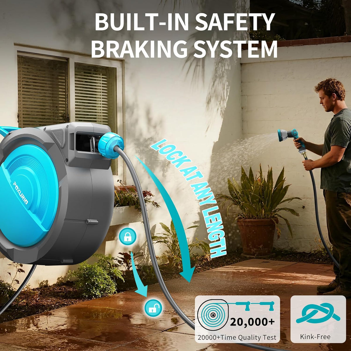 1/2" 150FT Retractable Garden Hose Reel, Wall Mounted Automatic Hose Reel with Upgraded 10 Pattern Nozzle/Any Length Lock/Slow Return System/180°Swivel Bracket, AquaBlue