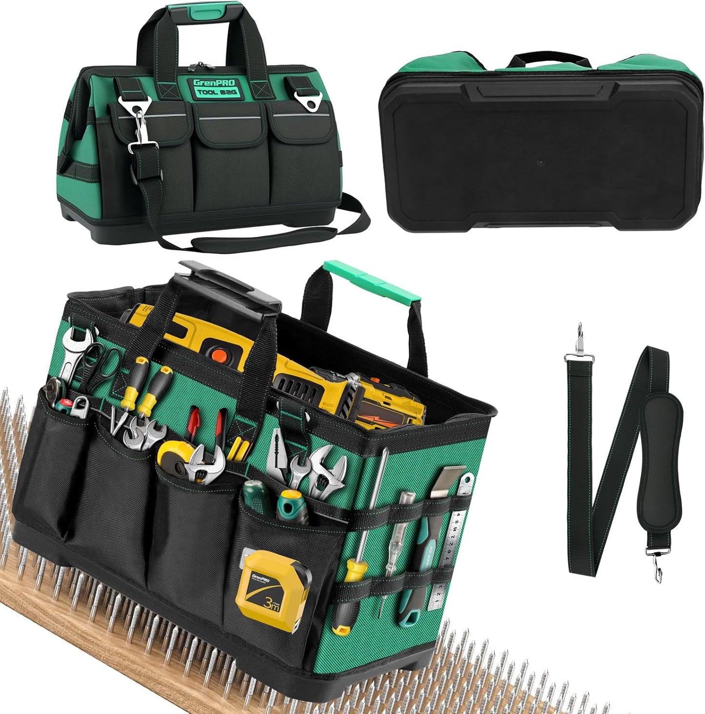 GrenPRO Garden Tool Bag Molded Bottom, Heavy Duty Tool Tote Toolbox with 10 Pockets, Reinforced & Top Snap Closure for Gardening Tools Storage, Dark Green(Tools Not Included)
