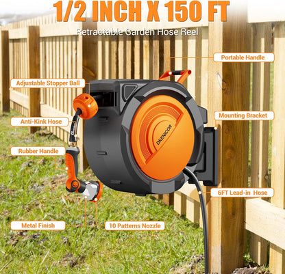 5/8" × 110 ft Retractable Hose Reel, Heavy Duty Retractable Garden Hose Reel Wall Mounted with 10-Pattern Hose Nozzle/Any Length Lock/Slow Return System/180°Swivel Bracket