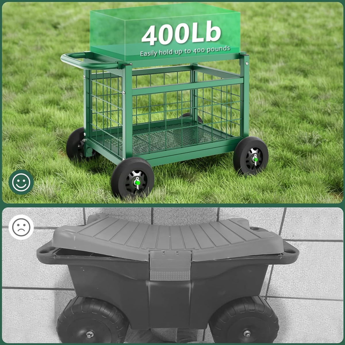 FLINTER Rolling Garden Work Seat with Wheels, Upgraded Heavy Duty Gardenning Cart with Seat - Garden Rolling Stools with Wheels for Seniors, Lawn, Patio & Backyard Gardening, Green