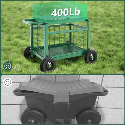 FLINTER Rolling Garden Work Seat with Wheels, Upgraded Heavy Duty Gardenning Cart with Seat - Garden Rolling Stools with Wheels for Seniors, Lawn, Patio & Backyard Gardening, Green