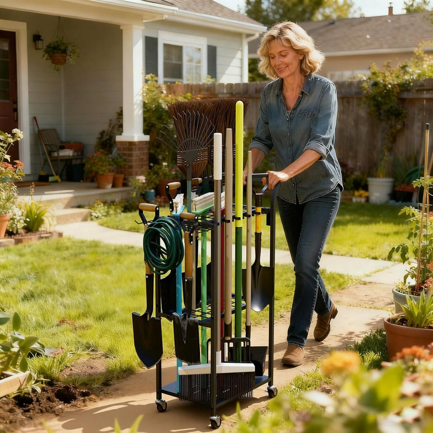 Faesun Garden Tool Organizer, 3-Tier Metal Yard Tool Rack with 14 Hooks & 5 Slots, Holds 50+ Rakes/Shovels/Brooms, Heavy Duty Freestanding Lawn Tool Storage for Garage Shed Outdoor Organization