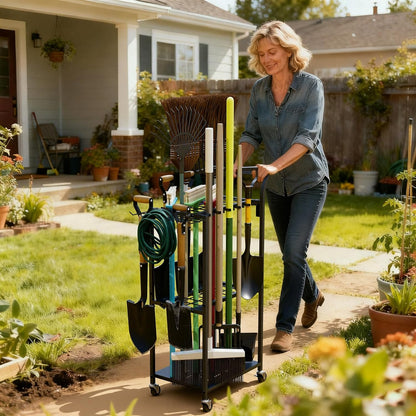 Faesun Garden Tool Organizer, 3-Tier Metal Yard Tool Rack with 14 Hooks & 5 Slots, Holds 50+ Rakes/Shovels/Brooms, Heavy Duty Freestanding Lawn Tool Storage for Garage Shed Outdoor Organization