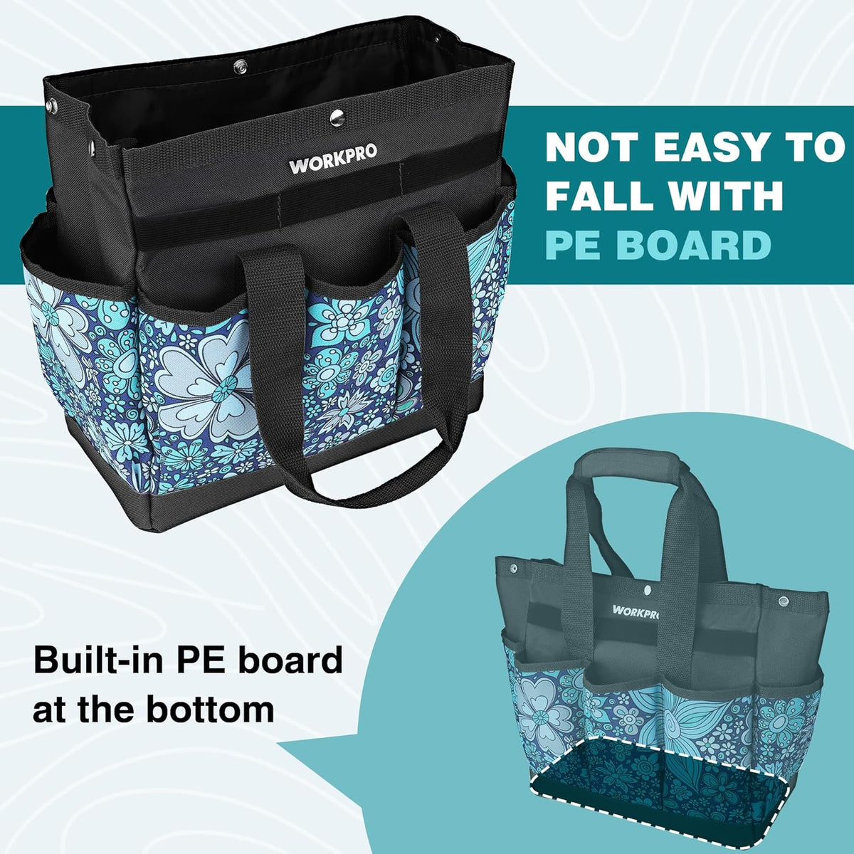 WORKPRO Garden Tool Bag, 9 Pockets Gardening Bag, Heavy Duty Oxford Garden Tote Caddy (Tools NOT Included), 12" x 12" x 6" (Floral White)