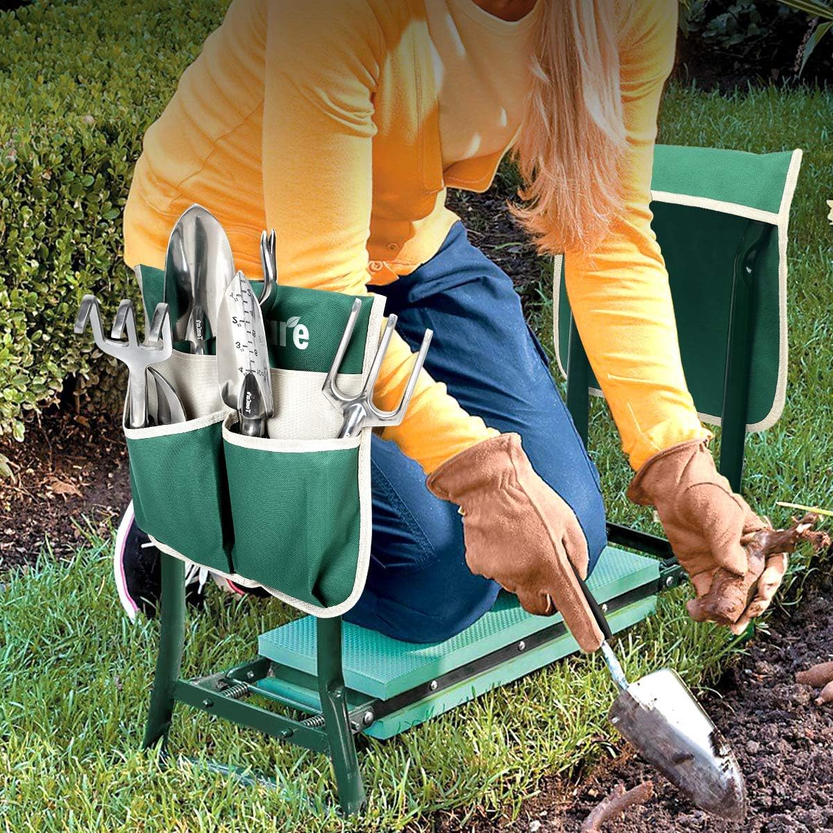 TomCare Garden Kneeler and Seat 10.64” Wider Larger Soft Kneeling Pad Garden Bench with 2 Large Tool Pouches Heavy Duty Garden Stool Foldable Tools Gardening Gifts for Women Men Gardeners