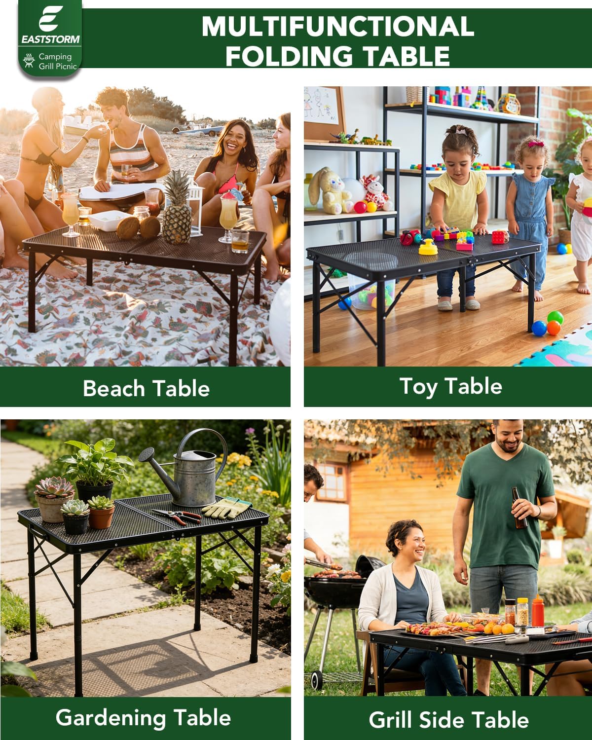 2Ft Small Folding Table with Carry Handle, Camping Table Adjustable Height 10.6–22 in, Black Metal Mesh, Portable & Compact for Outdoor/Indoor,Grill Table, 23.6×15.8 in, 4 lb, 66 lb Capacity