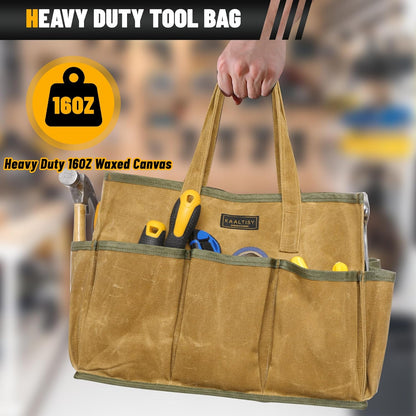 Tool Tote Bag, Heavy Duty 16oz Waxed Canvas Garden Tool Bag | Portable 11-Pocket Tool Storage Bag for Gardener Electrician Contractor Repairman (14"L x 5.5"W x 10.5"H) – Army Green