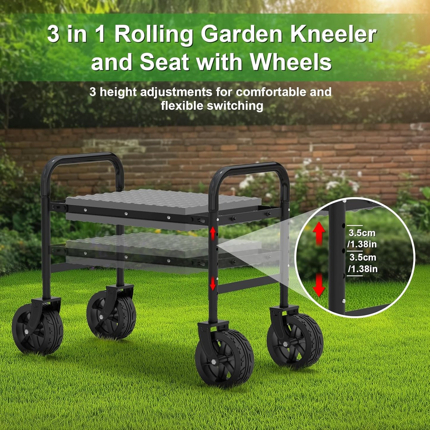NIUXX Garden Kneeler and Seat with 360° Wheels: 3-in-1 Rolling Garden Stool with Extendable Legs - Foldable Garden Seat with Thick Pad & Tool Pouches - Heavy Duty Gardening Bench for Seniors