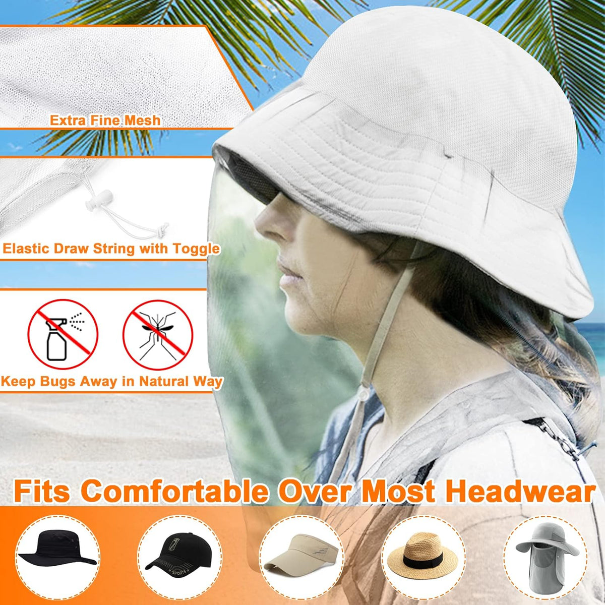 Benvo Mosquito Head Net Mesh, Face Neck Fly Netting Hood from Bugs Gnats Noseeums Screen Net for Any Outdoor Lover- with Carry Bags Fits Most Sizes of Hats Caps (2pcs, Black, Updated Big Net)
