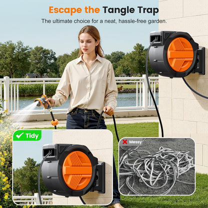 Retractable Garden Hose Reel 1/2” x 100ft, Auto Rewind Hose Reels for Outside, Heavy-Duty Wall-Mounted Outdoor Hose, 10-Mode Nozzle, Adjustable Length, 180° Rotation for Watering, Car Washing