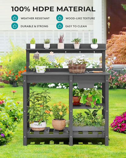 SERWALL Outdoor Potting Bench with Removeable Sink,Rot-Resistant HDPE Potting Table for Outside Gardening, All Weather Use - Gray