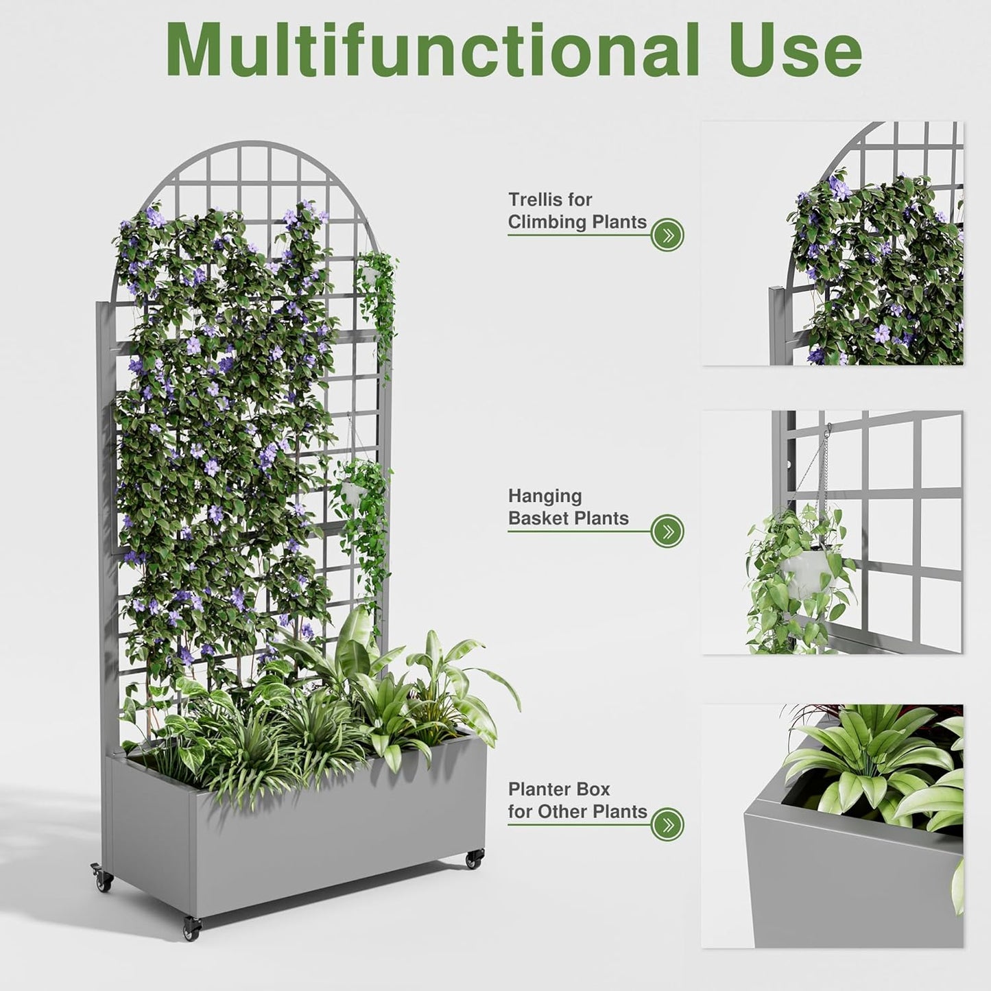 Casaphoria Metal Raised Garden Bed with Trellis and Wheels, 72"x47"x16" Planter Box for Climbing Plants, Vegetables & Vines, Features Drainage Holes and Privacy Screen (Black-Louver) - Colors D
