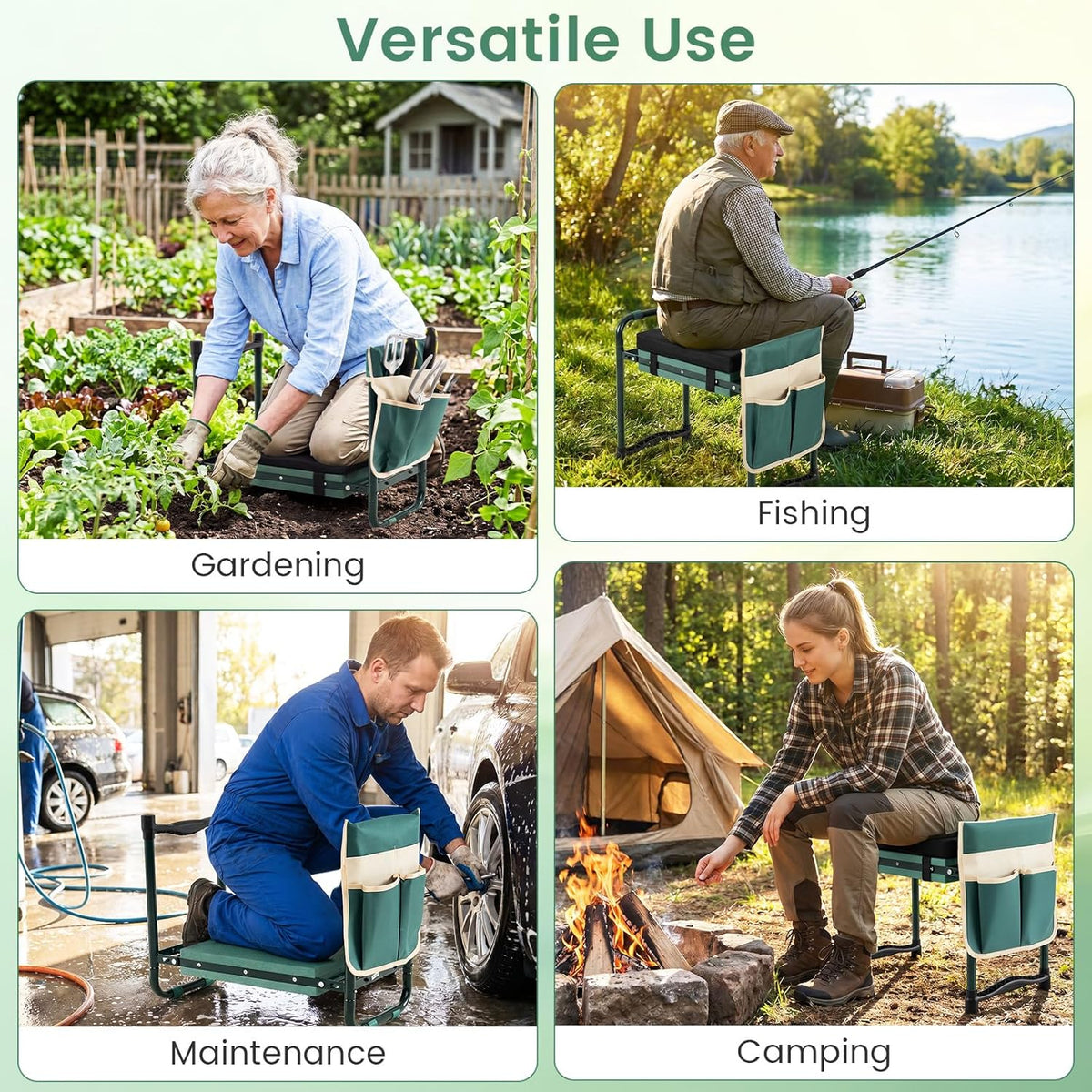 2-in-1 Garden Kneeler & Seat, Folding Seat w/EVA Foam Kneeling Pad & Removable Tools Pouch, Sturdy Steel Frame, No Assembly, Portable Heavy Duty Garden Stool for Women & Men