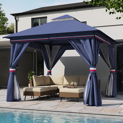 10x20 Gazebo Canopy with 100FT String Lights, Metal Heavy Duty Patio Canopy Tent with Double Roofs, Mosquito Nettings and Privacy Screens for Backyard, Garden, Lawn, Gray