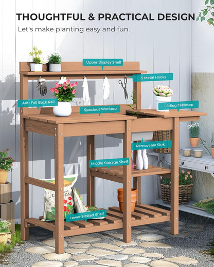 SERWALL Outdoor Potting Bench with Removeable Sink,Rot-Resistant HDPE Potting Table for Outside Gardening, All Weather Use - Gray