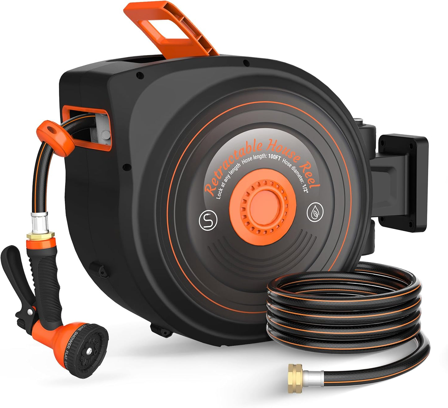 Mars Villa Retractable Garden Hose Reel 1/2 IN x 50 FT, Wall Mounted Heavy Duty Water Hose for Outside, Auto-Rewind & Any Length Lock, 180° Swivel Bracket, Slow Return, 10 Spray Patterns, UV-Resistant