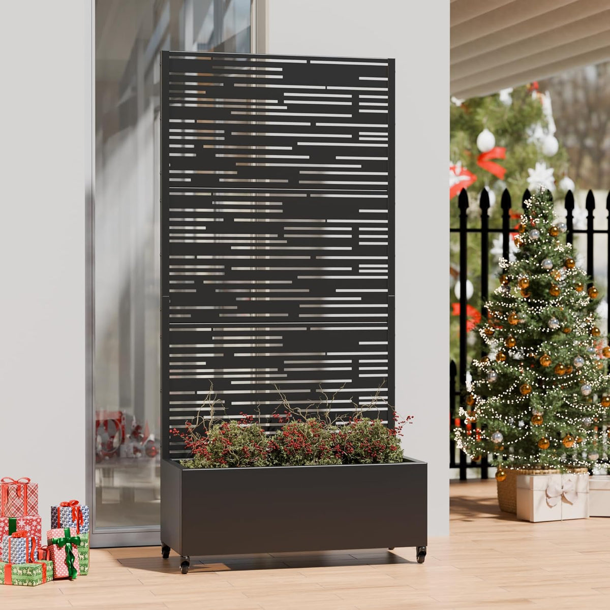 Casaphoria Metal Raised Garden Bed with Trellis and Wheels, 72"x47"x16" Planter Box for Climbing Plants, Vegetables & Vines, Features Drainage Holes and Privacy Screen (Black-Louver) - Colors B