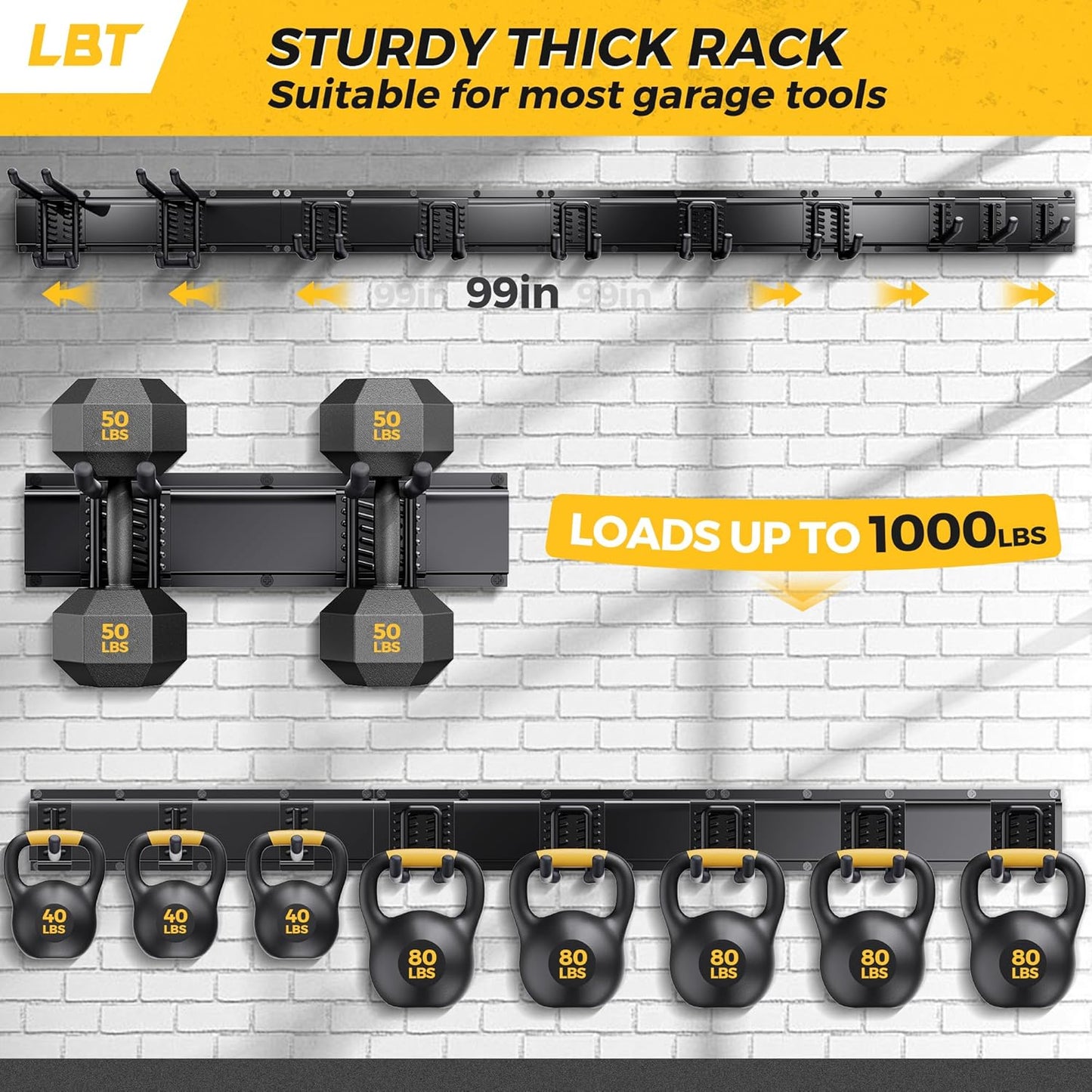 LBT 66" Garage Tool Organizer Wall Mount - 720lbs Garden Tool Organizer with Adjustable Hooks, Heavy Duty Metal Garage Storage Rack, Anti-Rust Shed Rack Holder Hanging Rake Broom Mower Snowboard