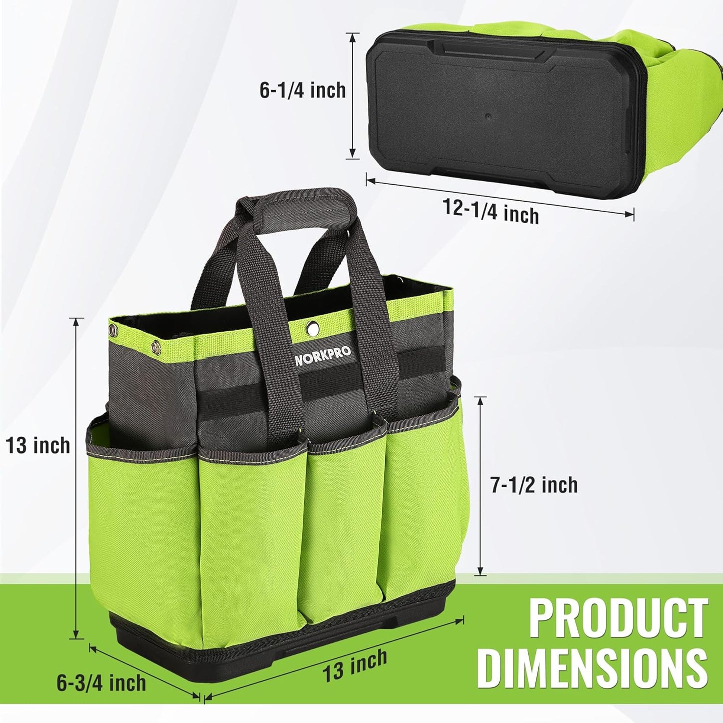 WORKPRO Garden Tool Bag with Waterproof Plastic Base, 8 Pockets Gardening Bag, Heavy Duty Oxford Garden Tote Caddy, Gardening Tool Kit Holder for Indoor and Outdoor(Tools NOT Included)