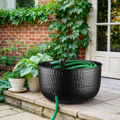 Monarch Abode Garden Hose Holder with Lid – Decorative Water Hose Holders for Outside, Hand Hammered Metal Matte Black Pot with Drainage, 100ft Waterhose Holder for Outside, Garden Storage Caddy